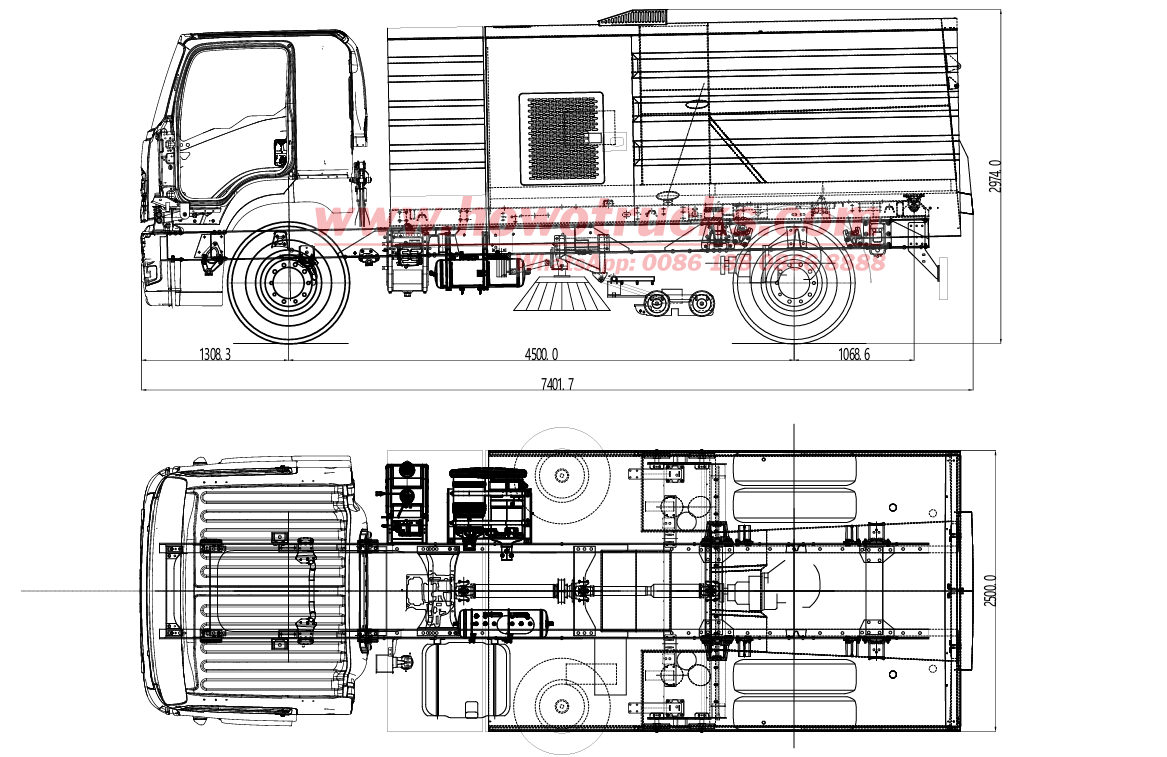 technical drawing of HOWO road sweeper truck